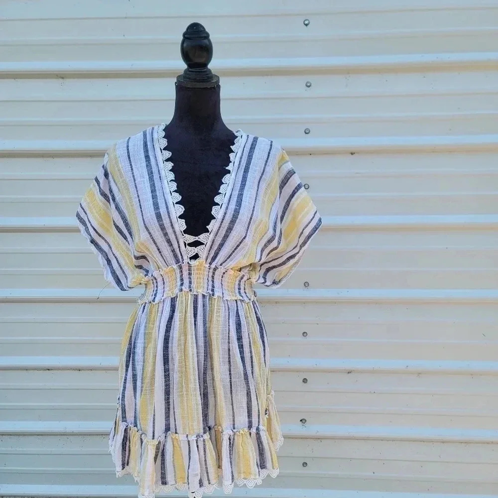 Club Z Collection Women Yellow Pink Striped Vacation Sundress Casual Dress L